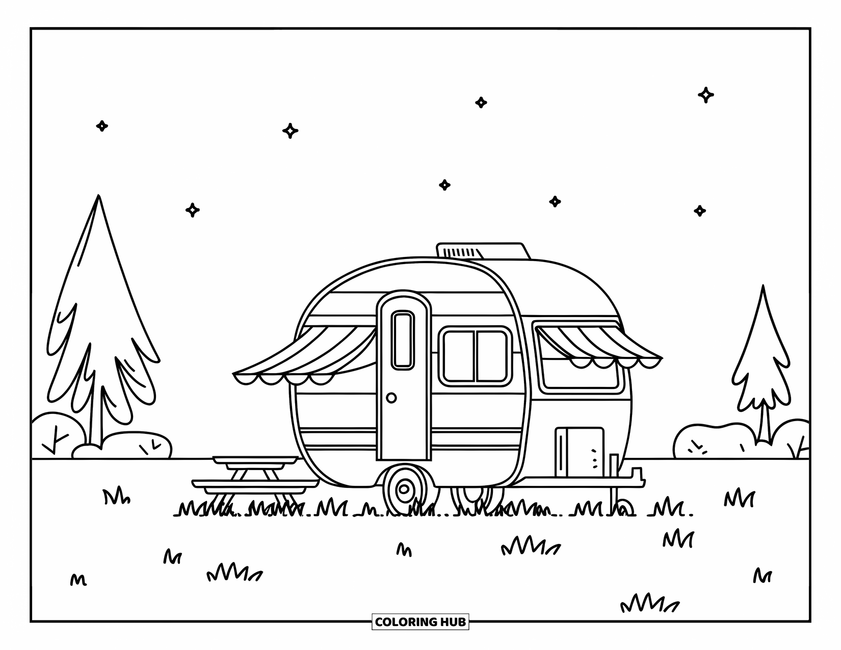 Camper Coloring Page for Kids: A camper trailer and picnic table sit under a starry sky