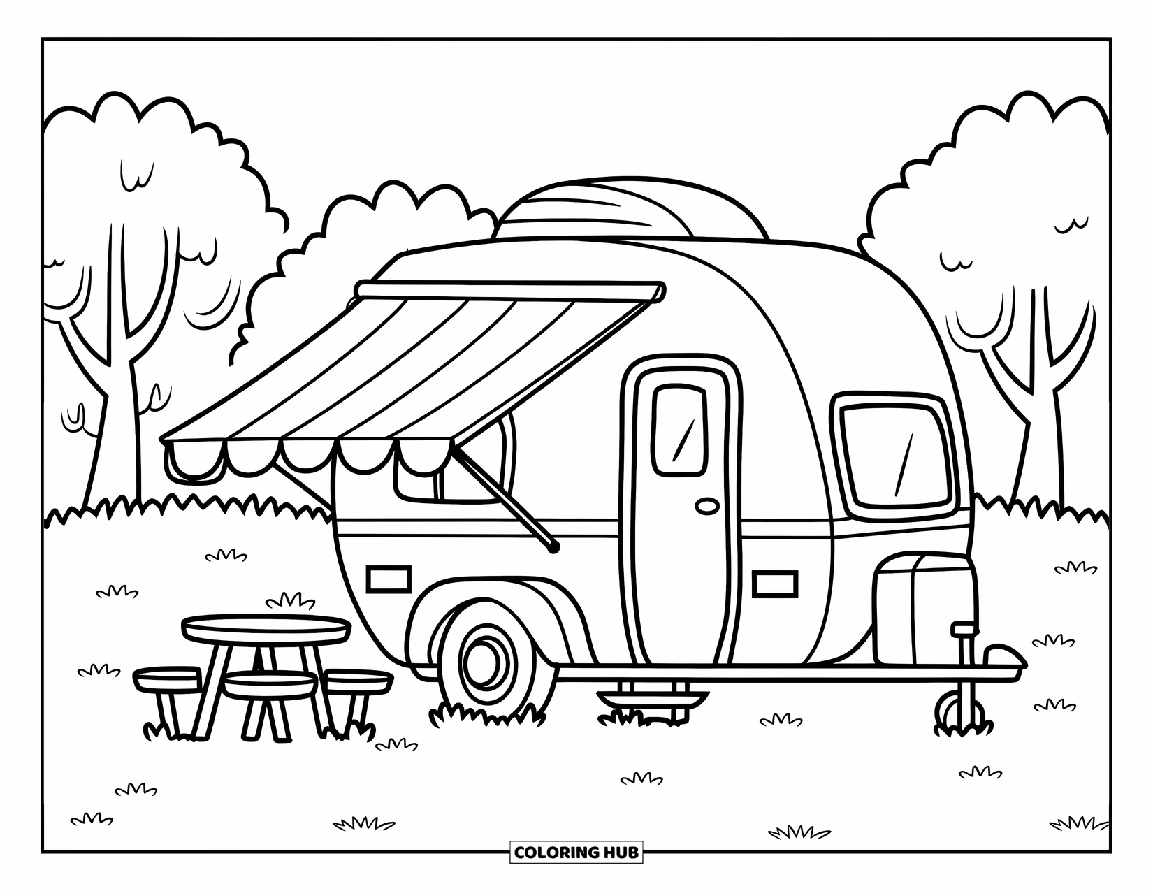 Camper Coloring Page for Kids: A camper trailer with a picnic table rests on a grassy field