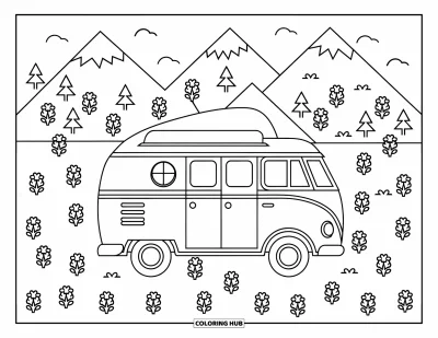 Coloriage de camping-car pour enfants : Un camping-car est garé au pied de montagnes parmi des fleurs sauvages
