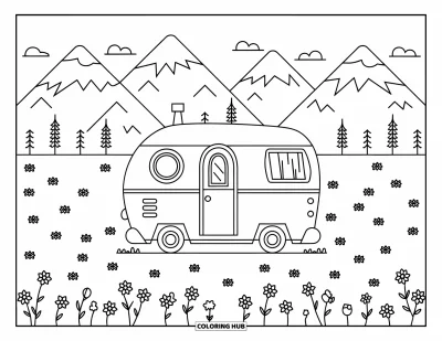 Coloriage de camping-car pour enfants : Un camping-car repose près d'un sentier de montagne fleuri de plantes sauvages