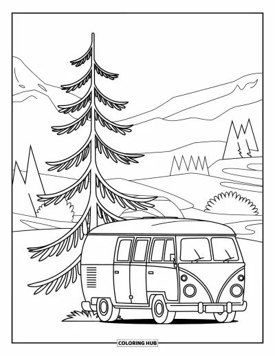 Coloriage de camping-car pour enfants : Un camping-car au toit coloré est garé près d'arbres sous un ciel dégagé