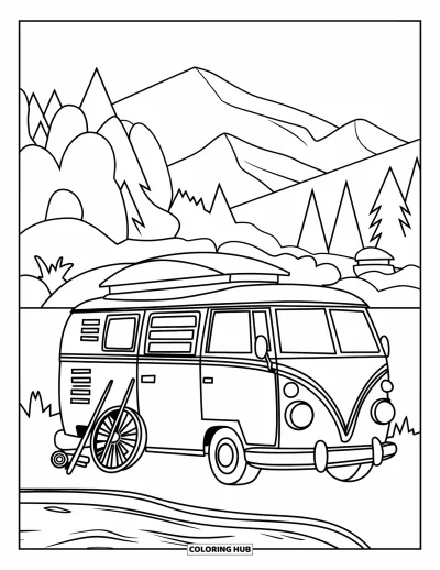 Coloriage de camping-car pour enfants : Un camping-car avec du matériel de pêche est installé au bord d'un lac de montagne
