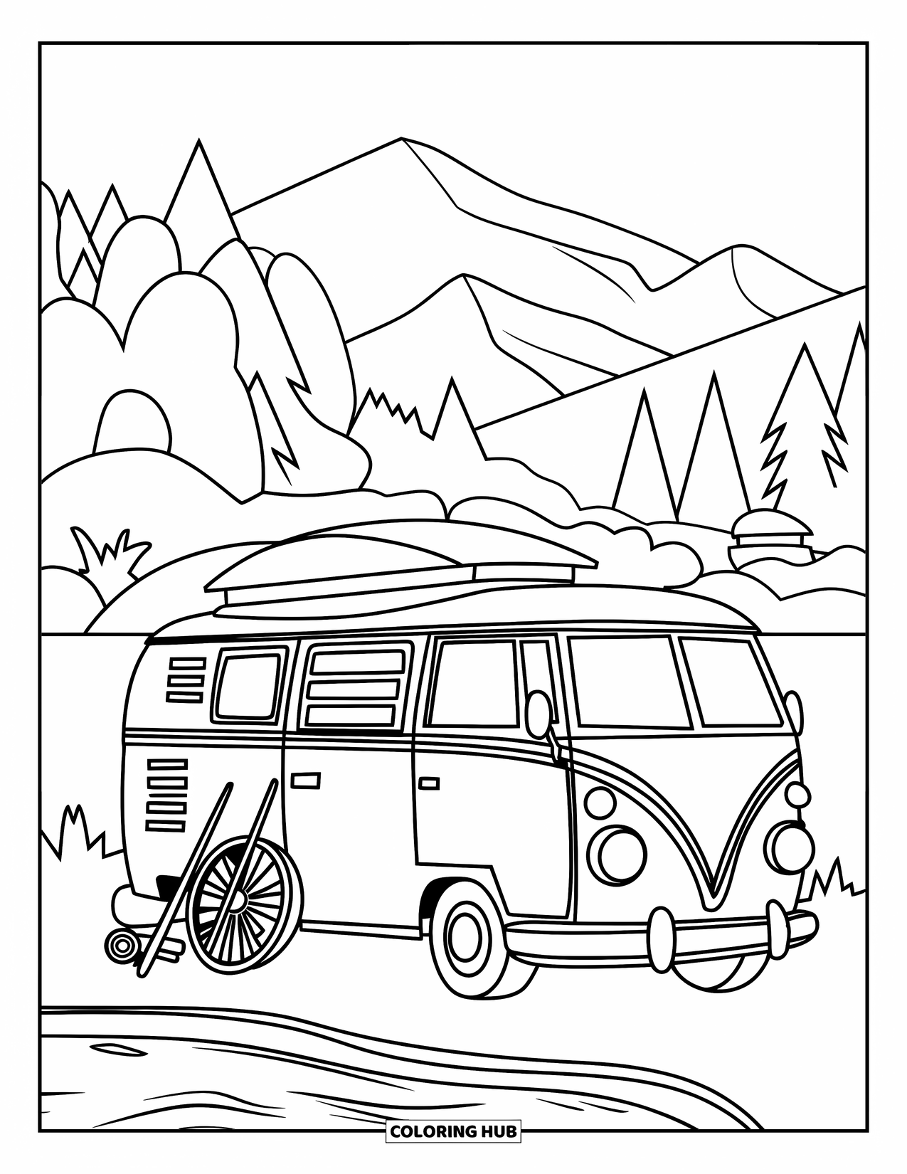 Camper Coloring Page for Kids: A camper van with fishing gear rests near a mountain lake