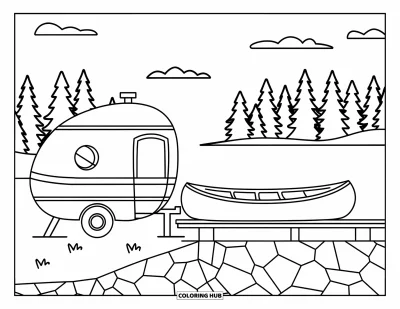 Coloriage de camping-car pour enfants : Un camping-car avec une cheminée et un canoë repose sur la rive rocheuse d'un lac