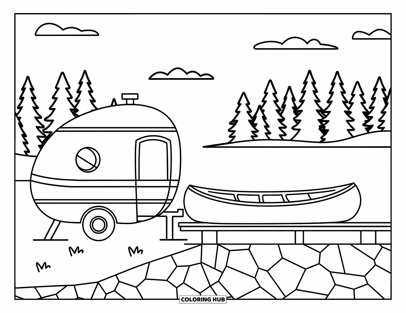 Camper Coloring Page for Kids: A camper with a chimney and canoe rests on a rocky lake shore
