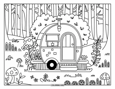 Coloriage de camping-car pour enfants : Un camping-car avec une cheminée est installé tranquillement dans une forêt tapissée de fleurs