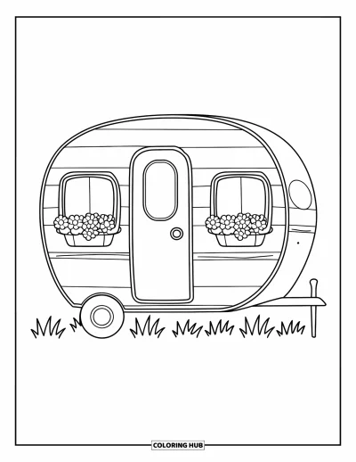 Coloriage de camping-car pour enfants : Un camping-car au toit arrondi orné de pots de fleurs repose sur une herbe bien verte