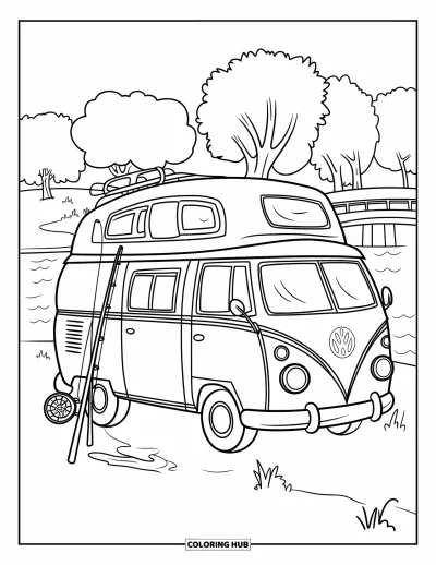 Coloriage de camping-car pour enfants : Un camping-car avec du matériel de pêche repose tranquillement près d'un pont au bord du lac