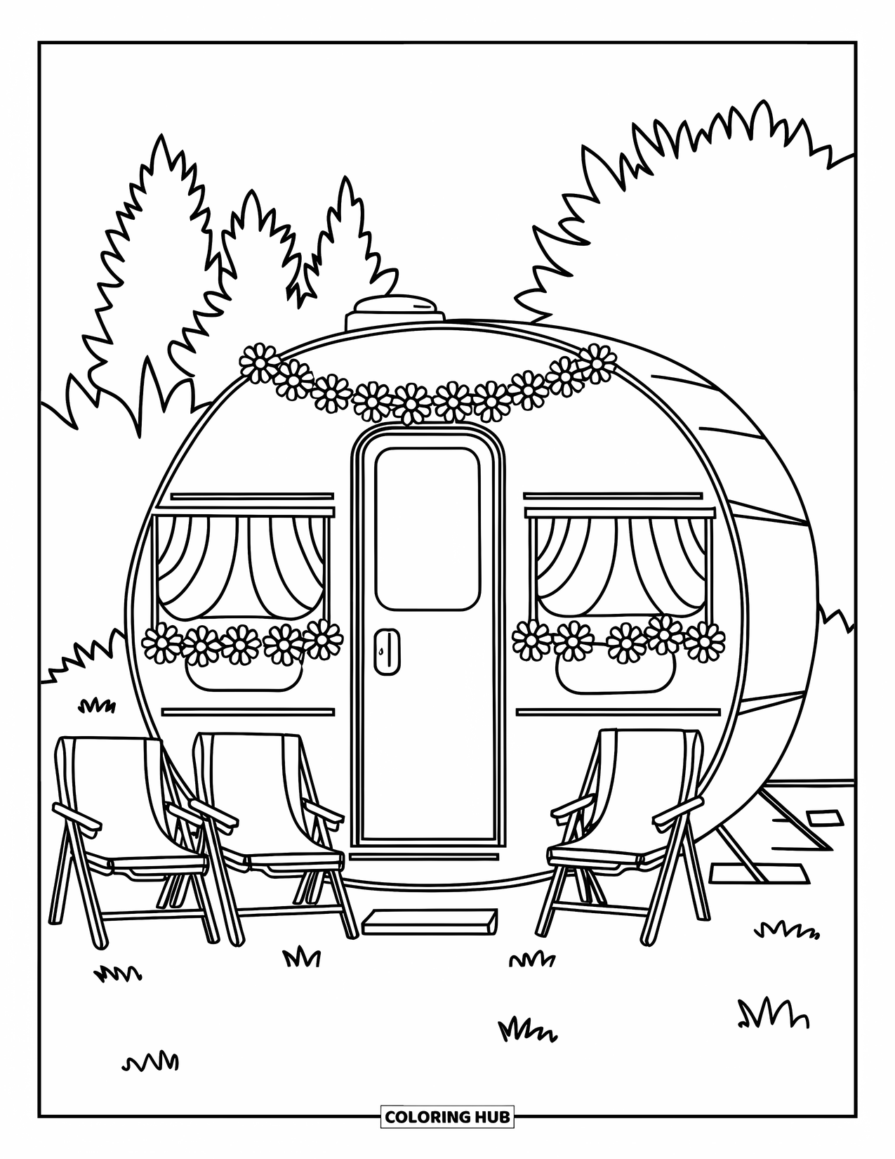 Camper Coloring Page for Kids: A camper with flower garlands and chairs sits in a grassy spot near trees