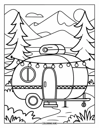 Coloriage de camping-car pour enfants : Un camping-car illuminé de guirlandes lumineuses repose près d'arbres, d'un sentier et de montagnes