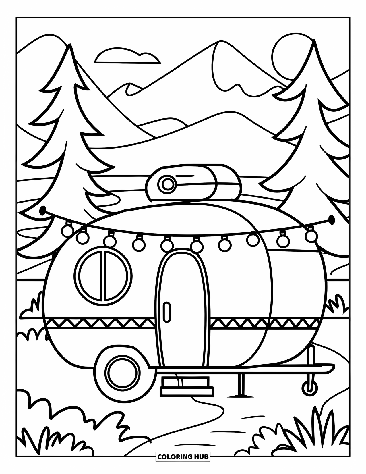 Camper Coloring Page for Kids: A camper with string lights rests by trees, a path, and mountains