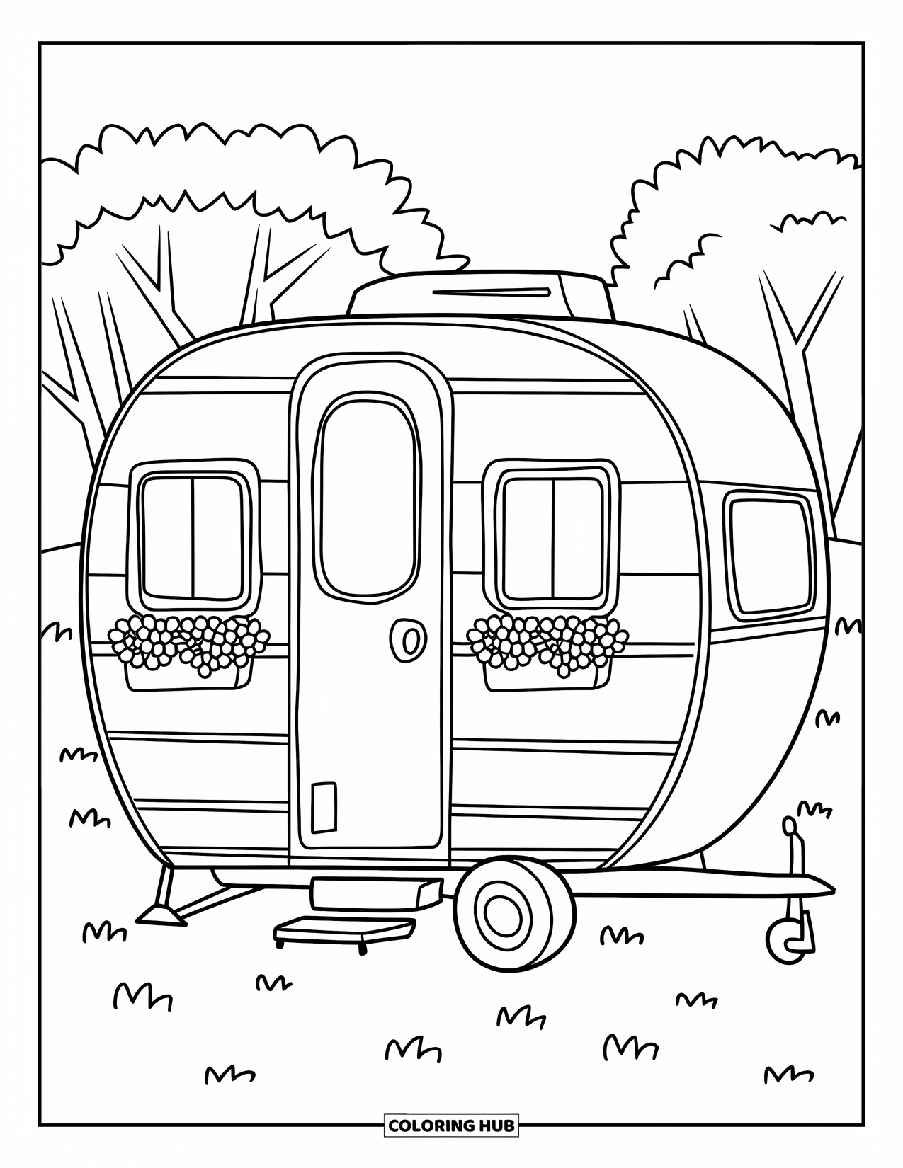 Camper Coloring Page for Kids: A chunky camper with flower pots sits happily on a grassy field