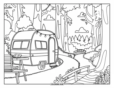 Coloriage de camping-car pour enfants : Un camping-car douillet est posé près d'un sentier et d'un ruisseau avec des feuilles sur le sol