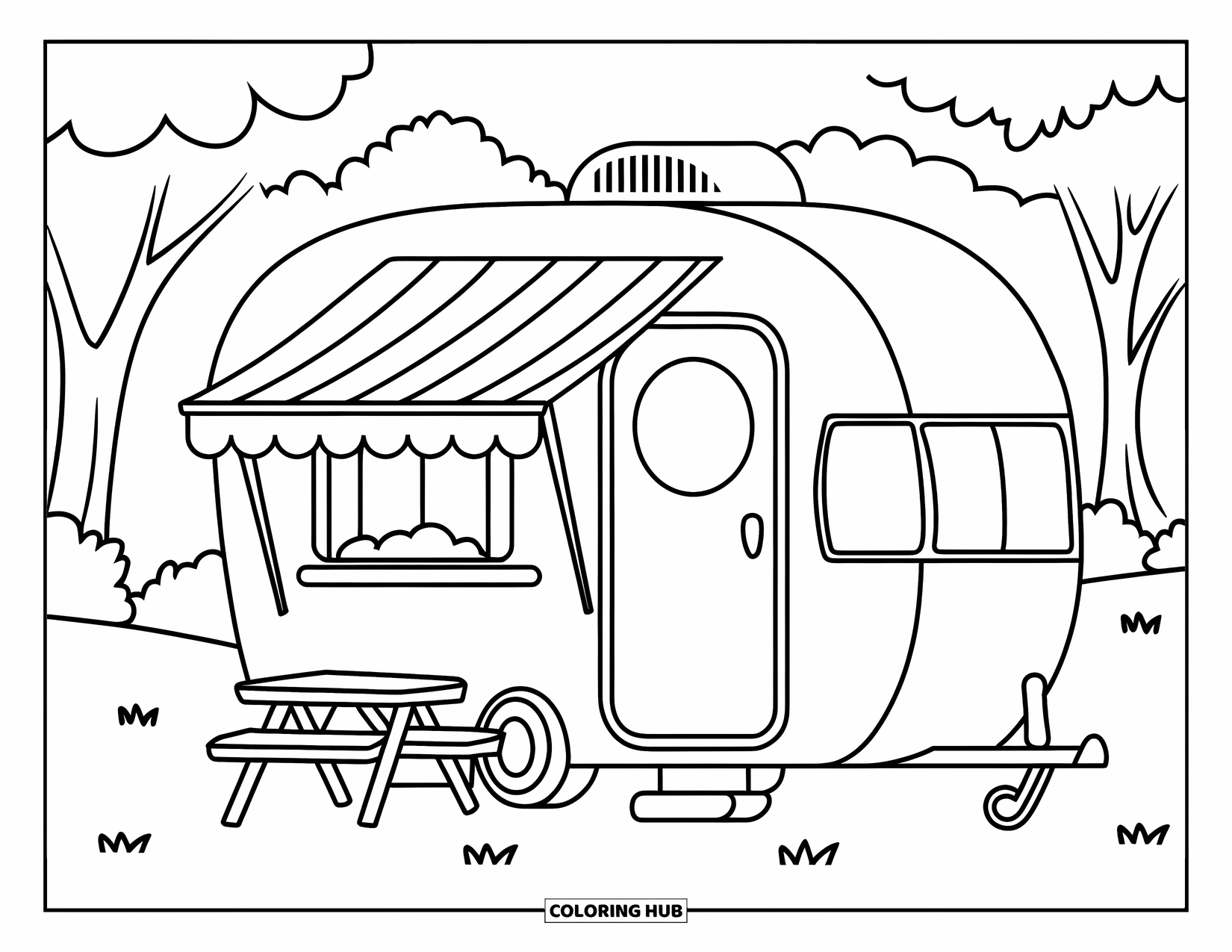 Camper Coloring Page for Kids: A cozy camper trailer and picnic table rest on open grassy land