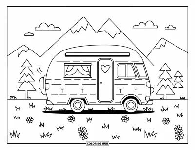 Coloriage de camping-car pour enfants : Un camping-car douillet est garé au bord d'un paisible paysage montagneux verdoyant