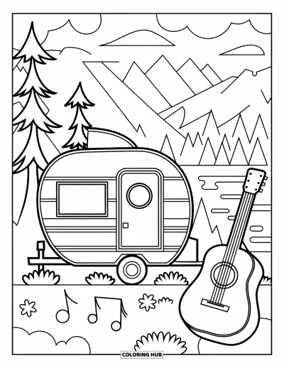 Coloriage de camping-car pour enfants : Une caravane douillette et une guitare reposent paisiblement près d'arbres et de l'eau