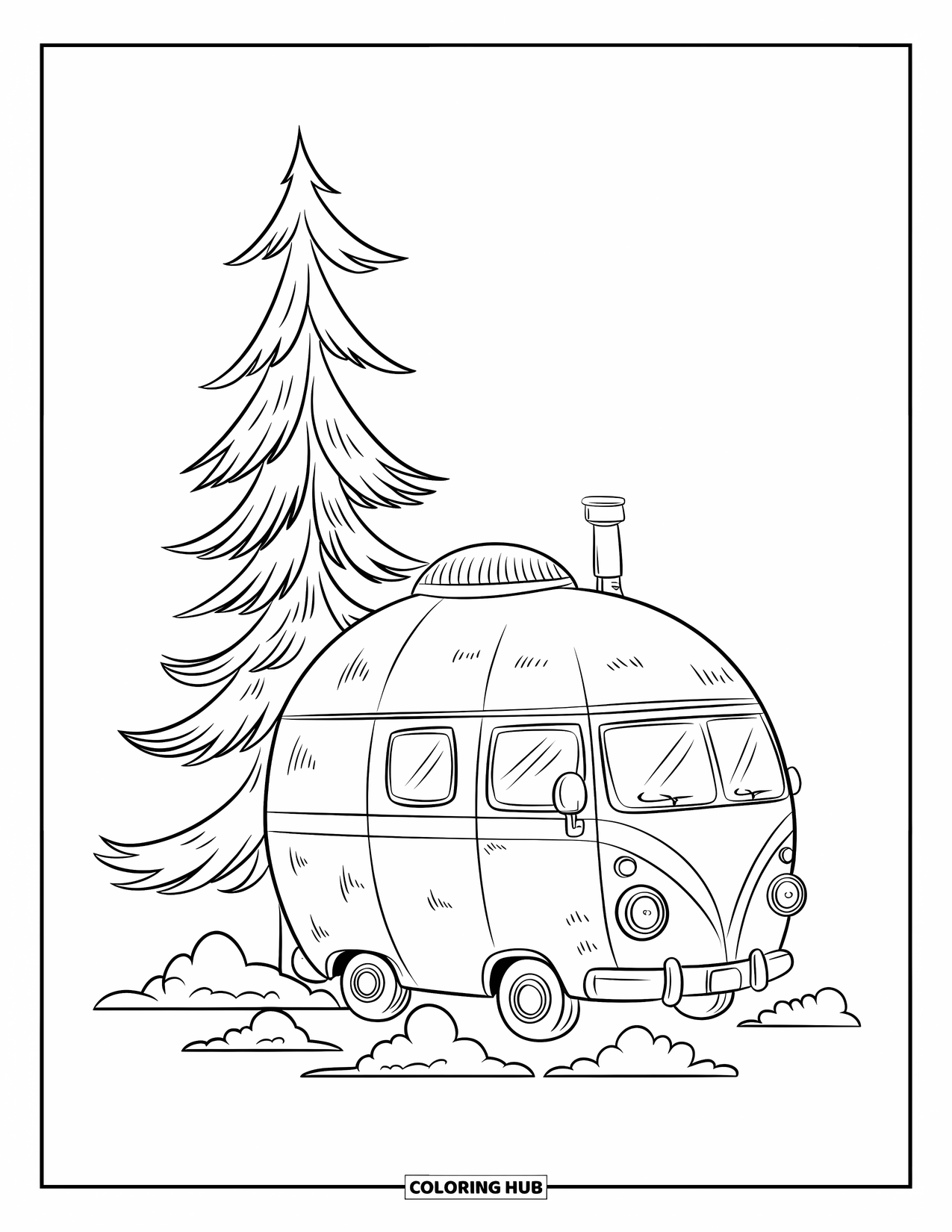 Camper Coloring Page for Kids: A dome-topped camper van rests beside a pine tree and soft clouds