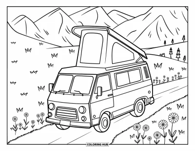 Coloriage de camping-car pour enfants : Un camping-car escamotable est posé près de montagnes et de fleurs sauvages éparses