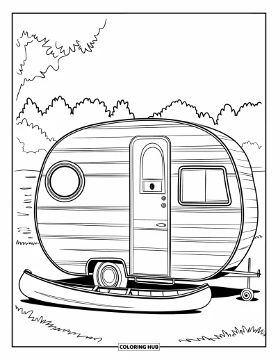 Coloriage de camping-car pour enfants : Un camping-car rétro avec un canoë repose paisiblement dans un endroit boisé