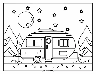Coloriage de camping-car pour enfants : Un camping-car arrondi repose sous un ciel étoilé avec de petites formes éparpillées
