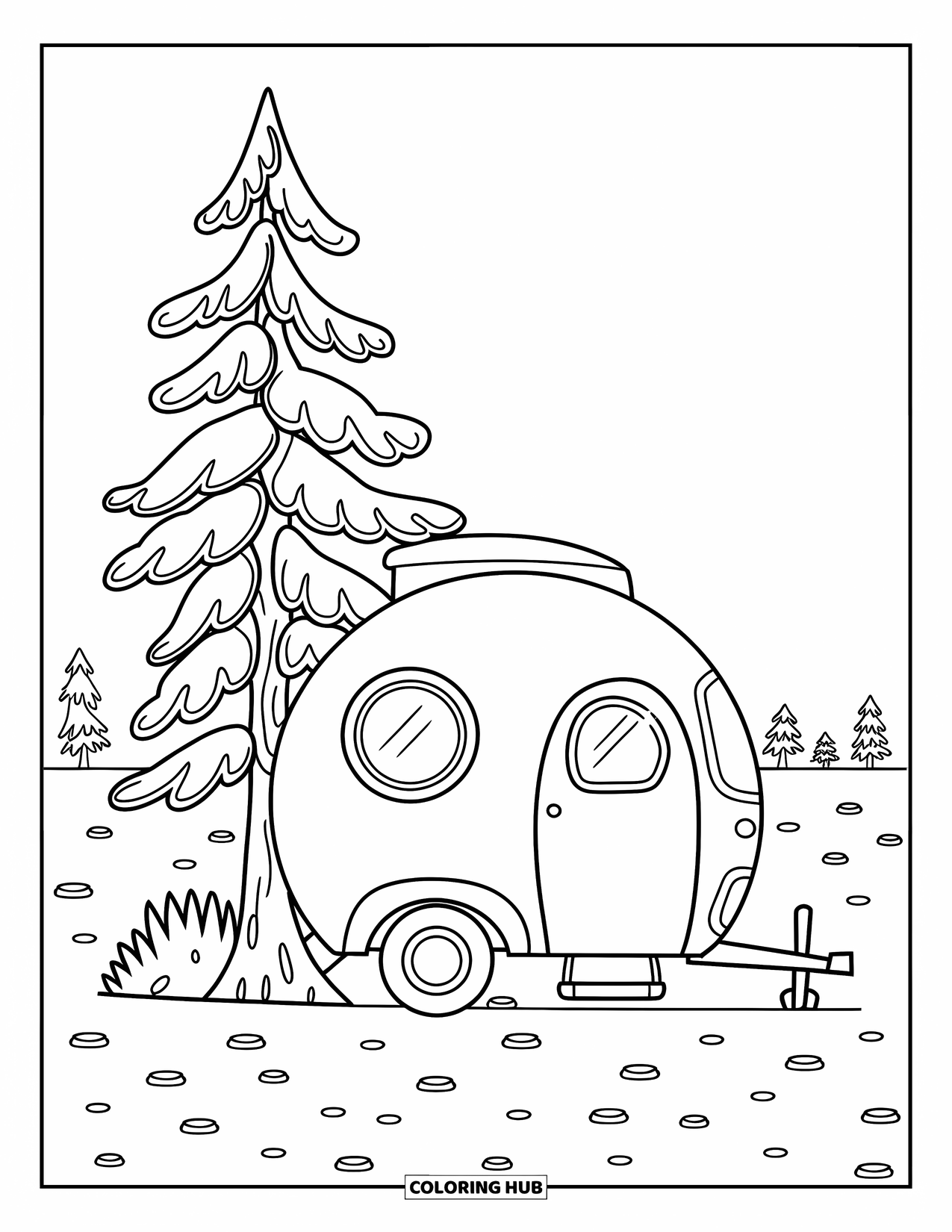 Camper Coloring Page for Kids: A round camper van parks beside a pine tree and scattered rocks