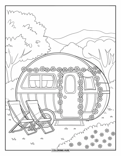 Coloriage de camping-car pour enfants : Un camping-car arrondi avec des guirlandes de fleurs est installé près de chaises pliantes dans l'herbe
