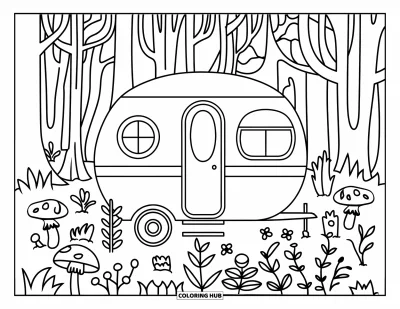 Coloriage de camping-car pour enfants : Un camping-car aux fenêtres rondes est niché parmi des champignons et des plantes forestières