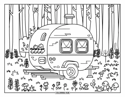 Coloriage de camping-car pour enfants : Un petit camping-car est entouré de champignons et de plantes de la forêt