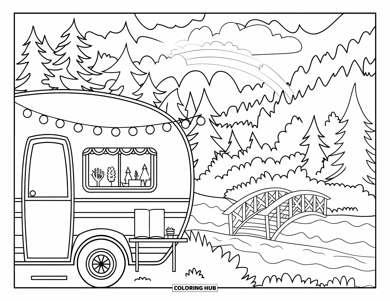 Camper Coloring Page for Kids: Fairy lights twinkle on a camper parked by a rainbow forest view