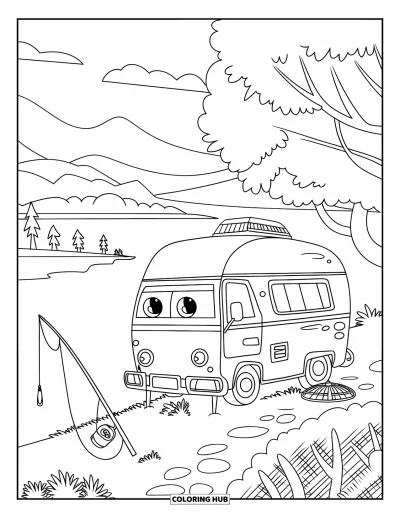 Coloriage de camping-car pour enfants : Du matériel de pêche est appuyé contre un camping-car garé au bord d'un lac tranquille