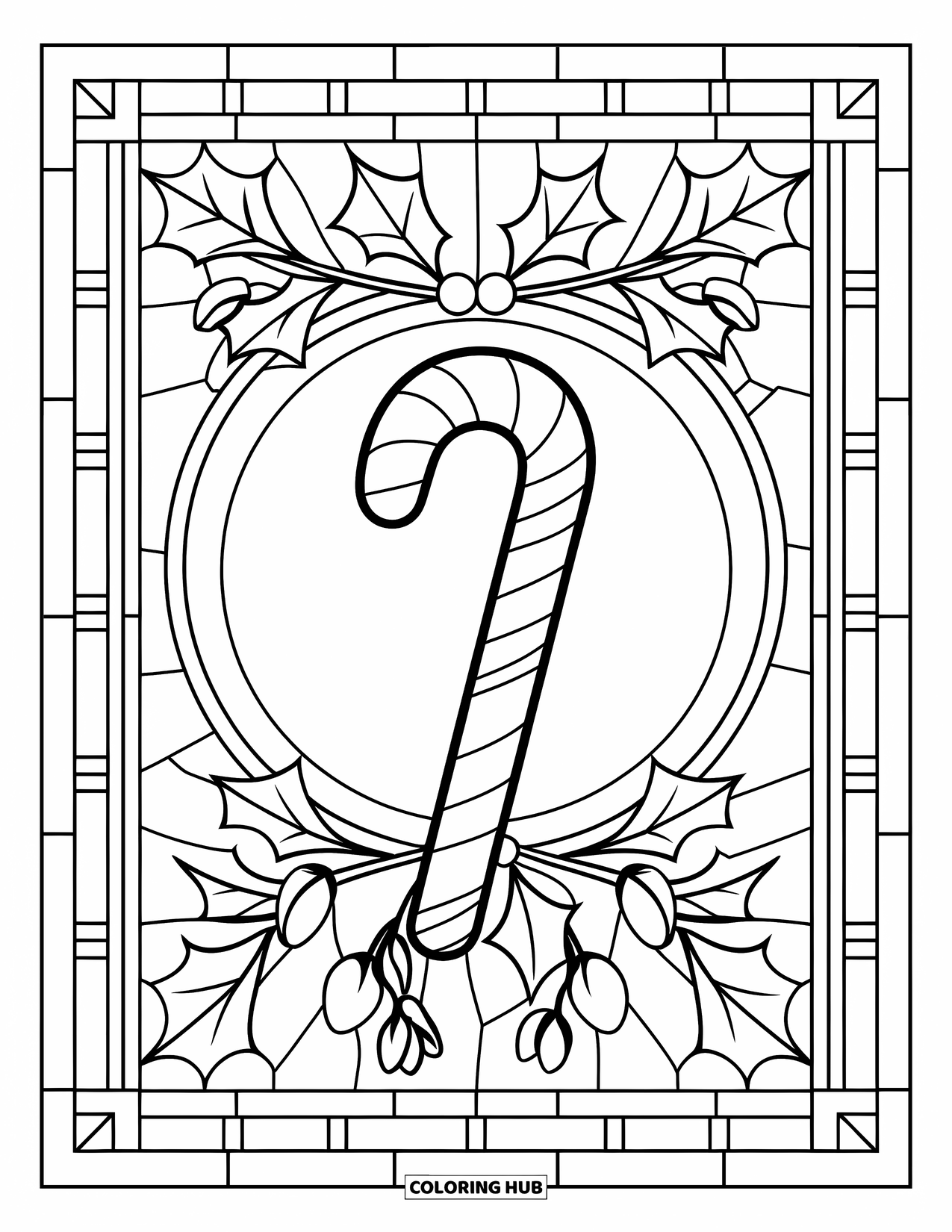 Candy Cane Coloring Page for Adults: A candy cane is centered in stained glass with holly leaves and snowdrops
