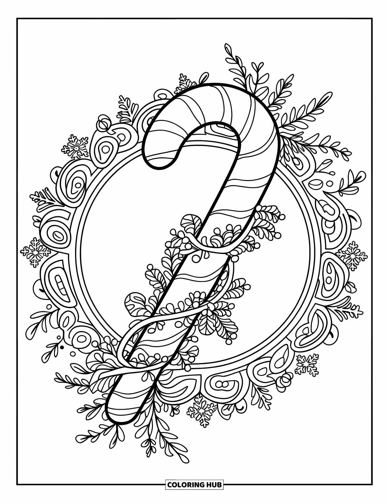 Candy Cane Coloring Page for Adults: A candy cane is wrapped in vines and snowflakes inside a detailed mandala