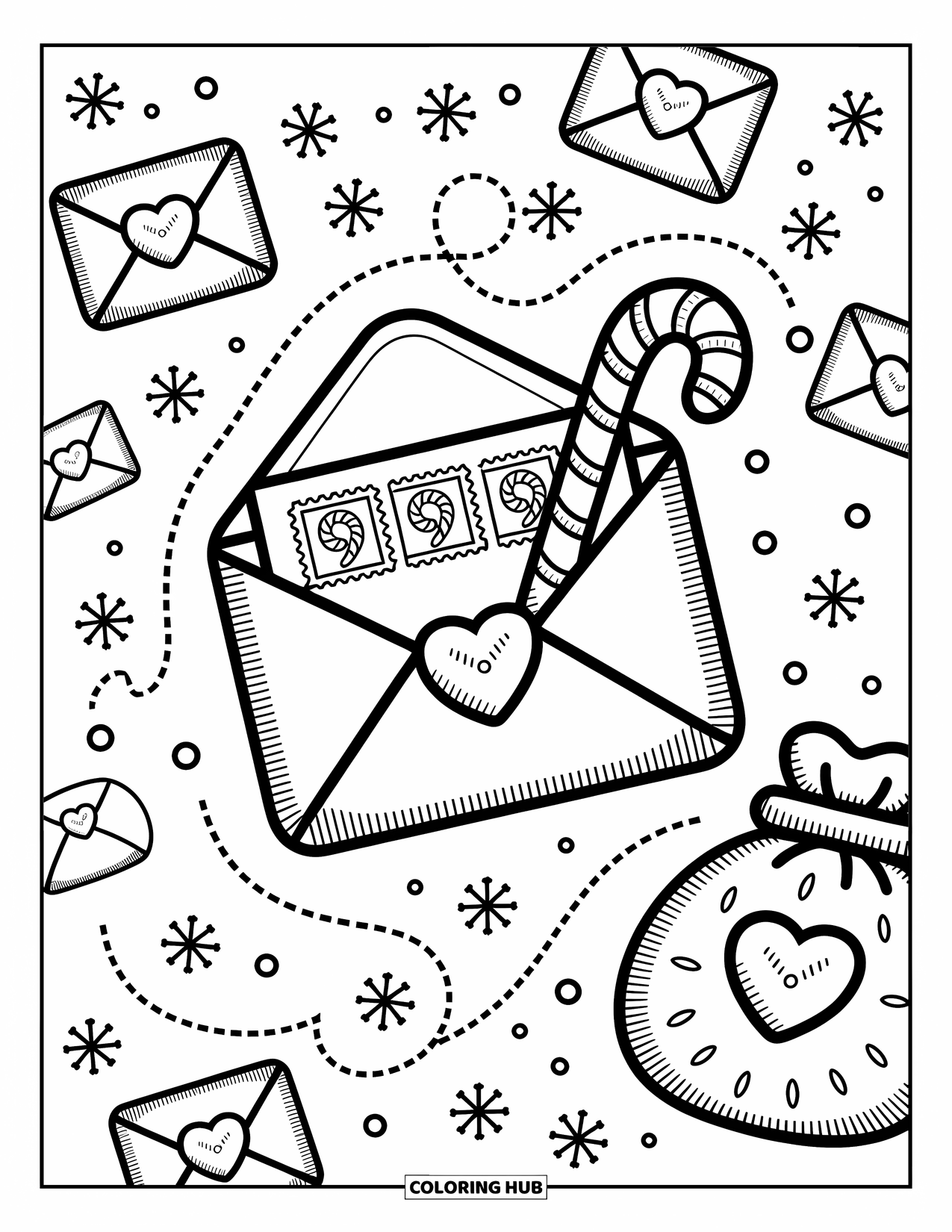 Candy Cane Coloring Page for Adults: A candy cane peeks from an envelope with heart seals, letters, and snowflake swirls
