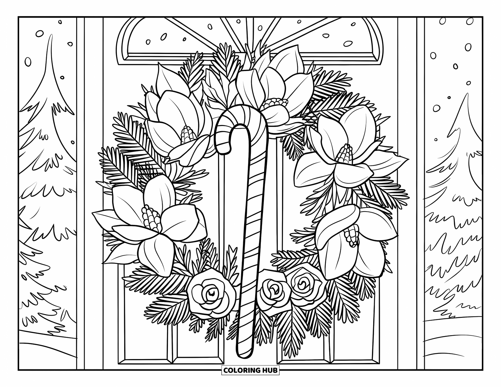 Candy Cane Coloring Page for Adults: A candy cane sits at the heart of a wreath of magnolia, cedar, and winter roses