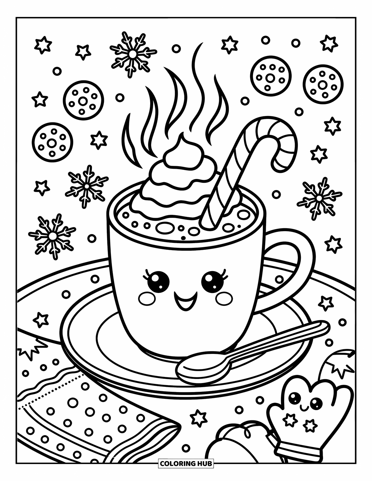 Candy Cane Coloring Page for Adults: A hot cocoa mug with whipped cream and a candy cane sits among cookies and mittens