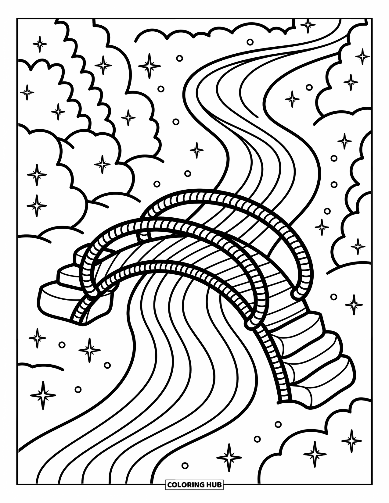Candy Cane Coloring Page for Adults: A tiny bridge of candy canes crosses hot cocoa with marshmallows and twinkling stars