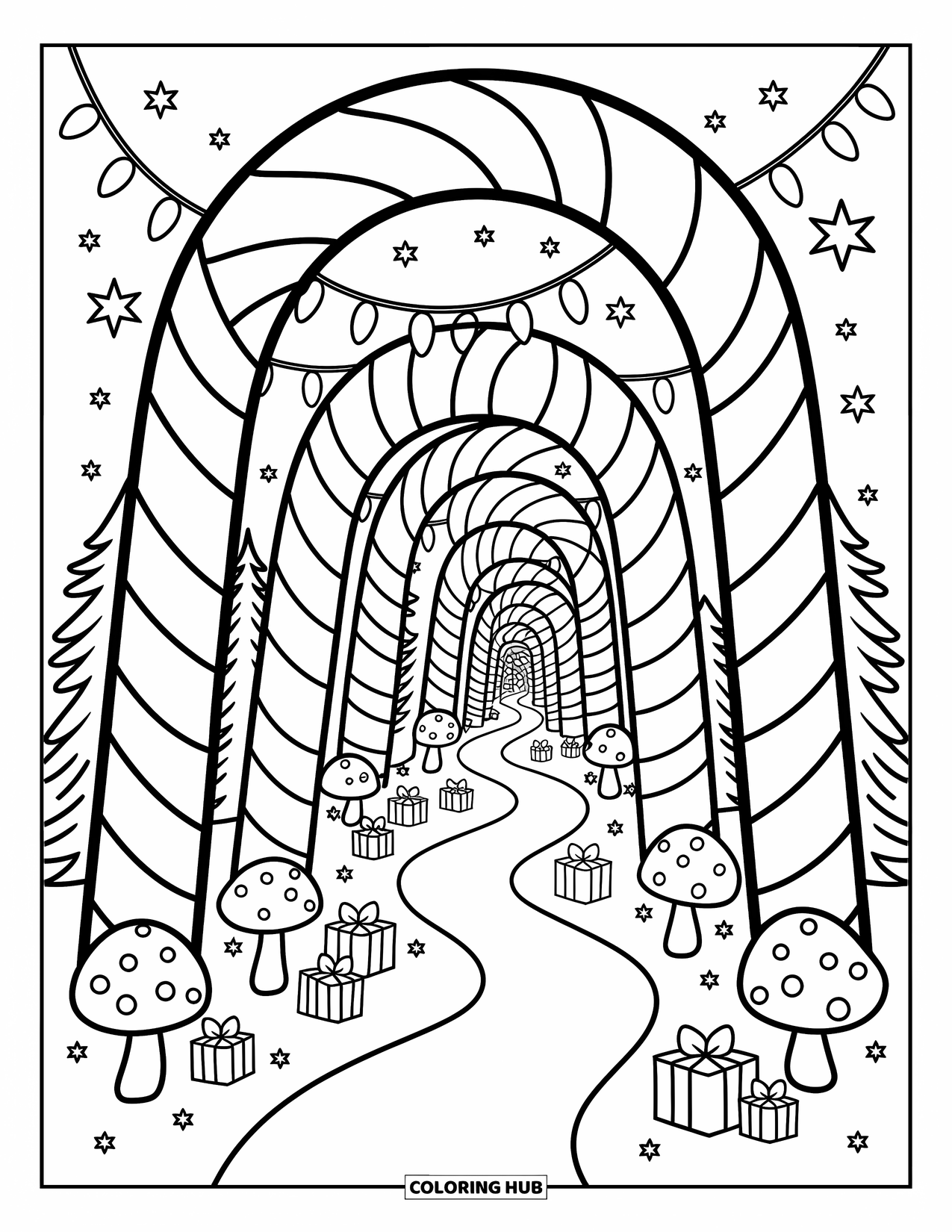 Candy Cane Coloring Page for Adults: A trail winds through candy cane trees with mushrooms, presents, and starry lights