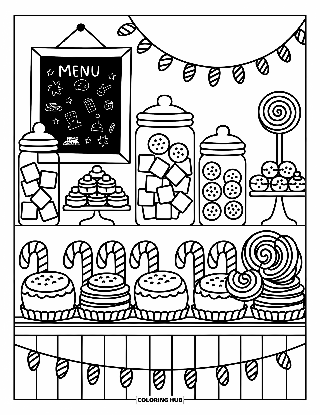 Candy Cane Coloring Page for Adults: Candy canes and treats fill a bakery display with lollipops and marshmallows