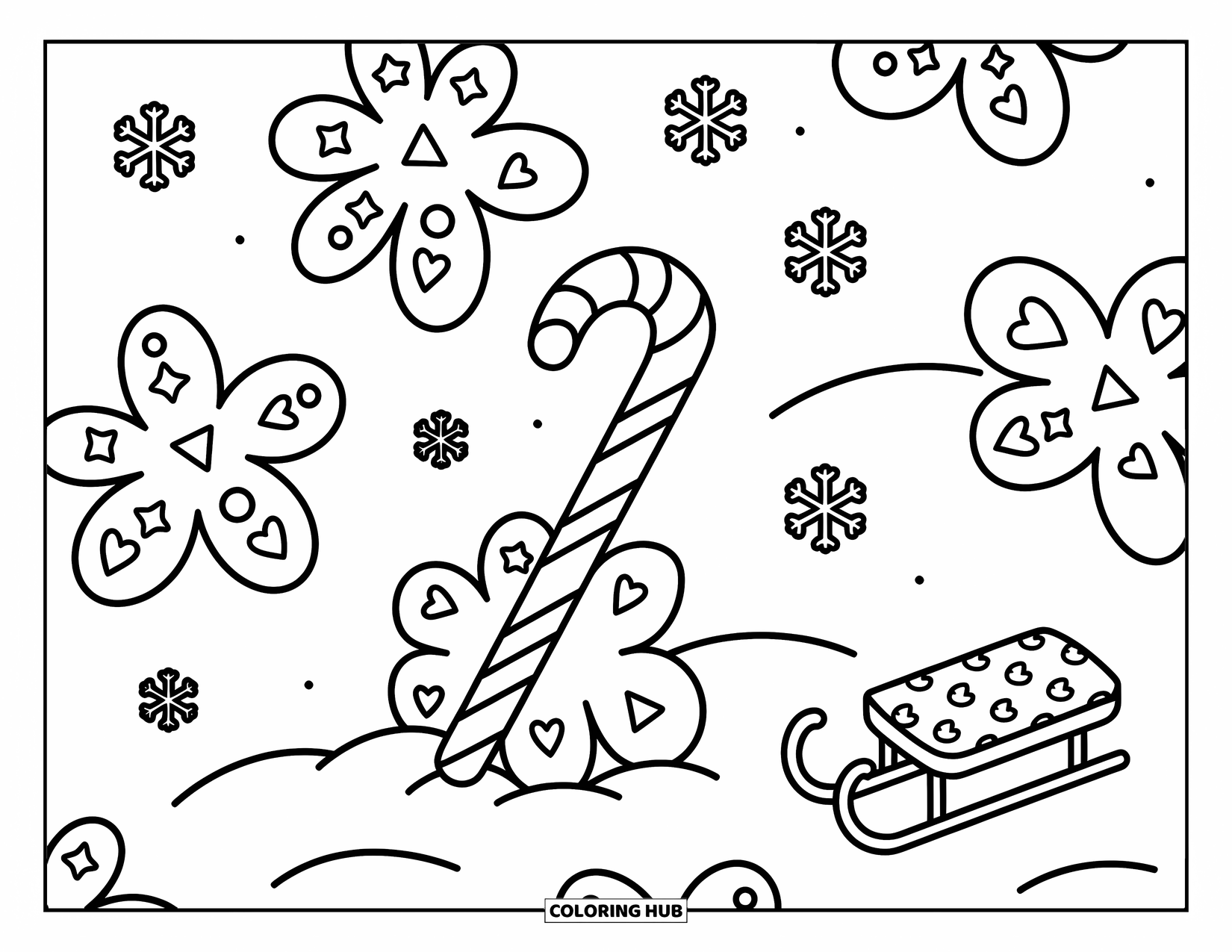 Candy Cane Coloring Page for Adults: Candy canes lie in the snow surrounded by snow angels, stars, and a tiny sled