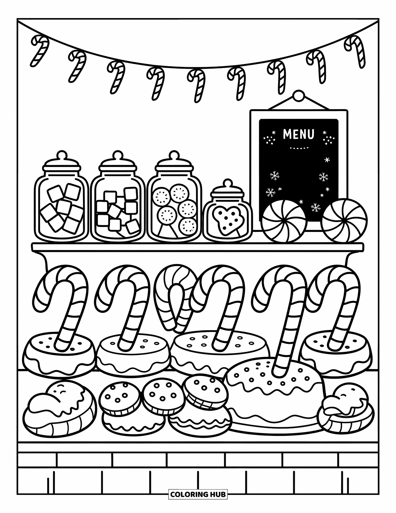 Candy Cane Coloring Page for Adults: Candy canes line a bakery counter with cute jars and festive bunting above