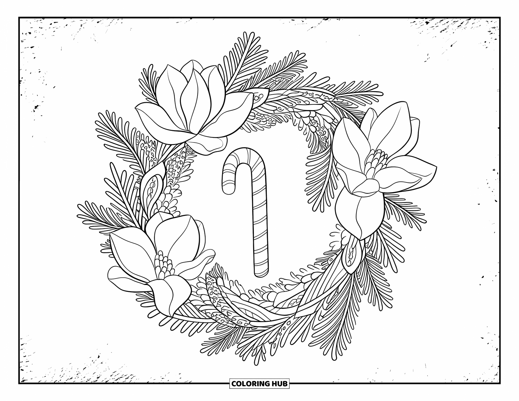Candy Cane Coloring Page for Adults: Magnolia and winter roses form a wreath around a candy cane in a soft design