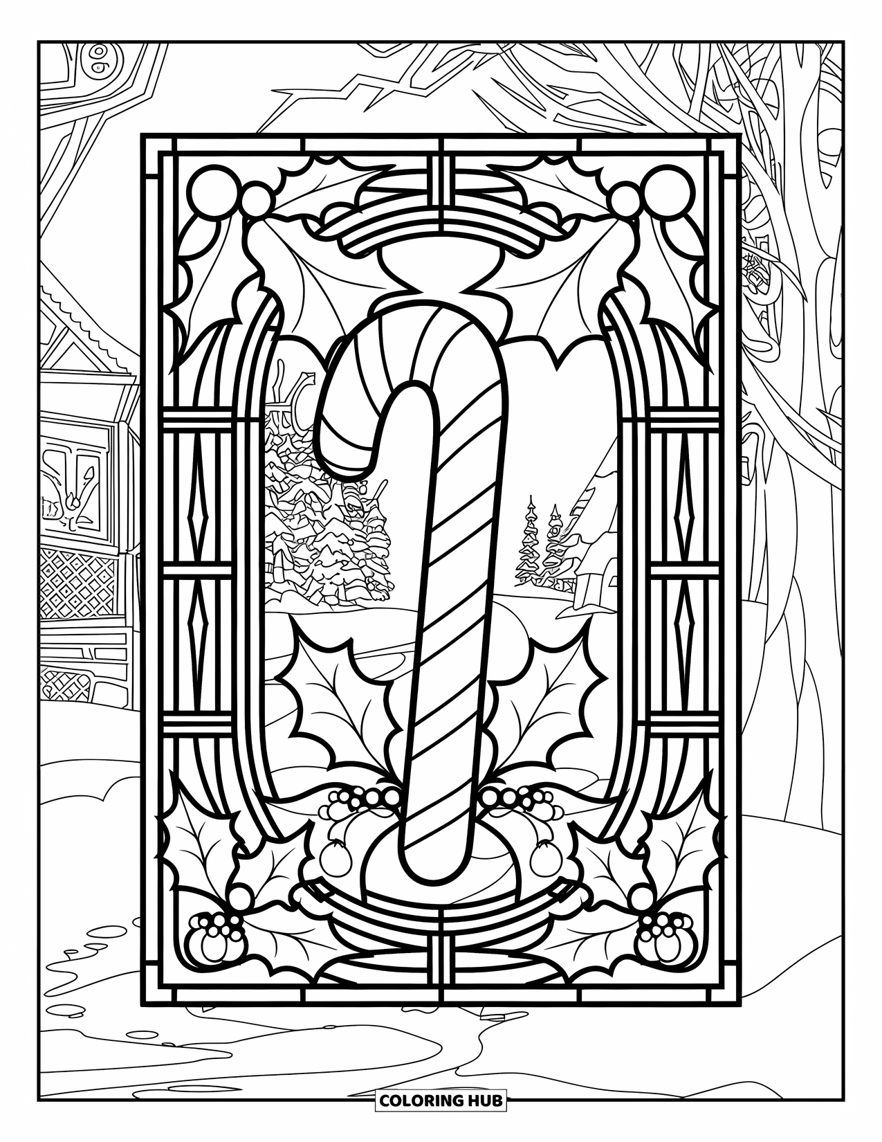 Candy Cane Coloring Page for Adults: Snowdrops and holly frame a candy cane in a rounded stained-glass design