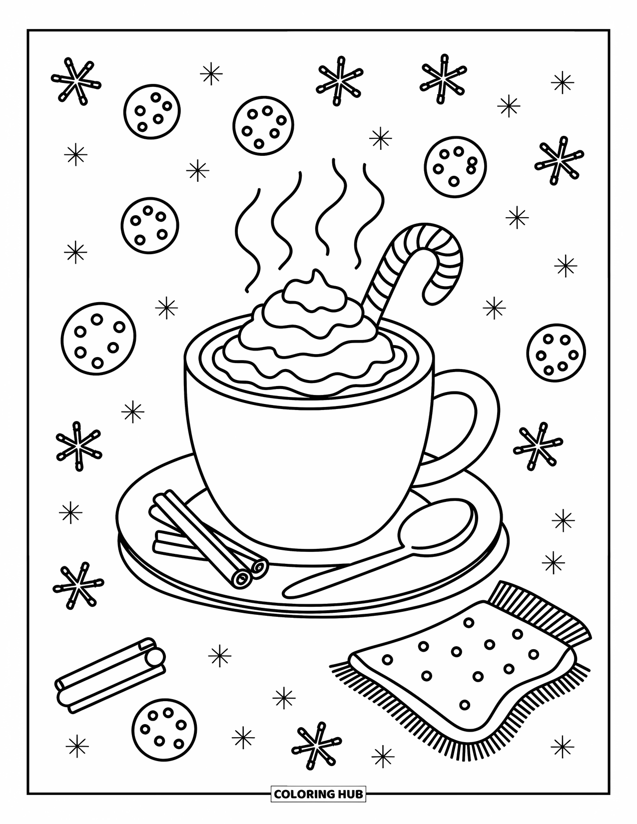 Candy Cane Coloring Page for Adults: Whipped cocoa with a candy cane sits among cookies, stars, and cozy mittens