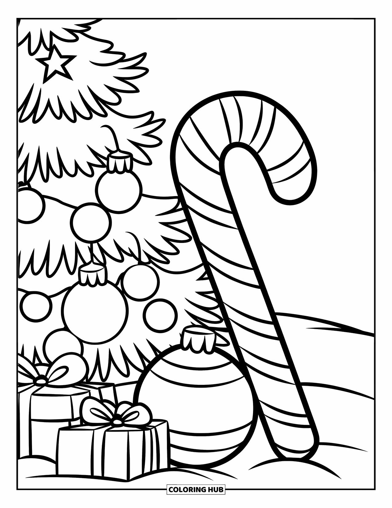 Candy Cane Coloring Page for Kids: A big candy cane and a decorated tree sit on snowy ground with ornaments and a star