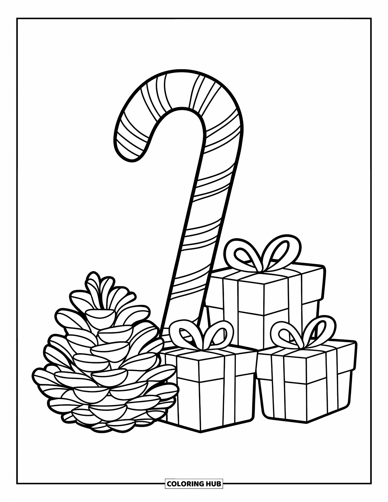 Candy Cane Coloring Page for Kids: A bold candy cane stands by wrapped presents and a pinecone with festive leaves