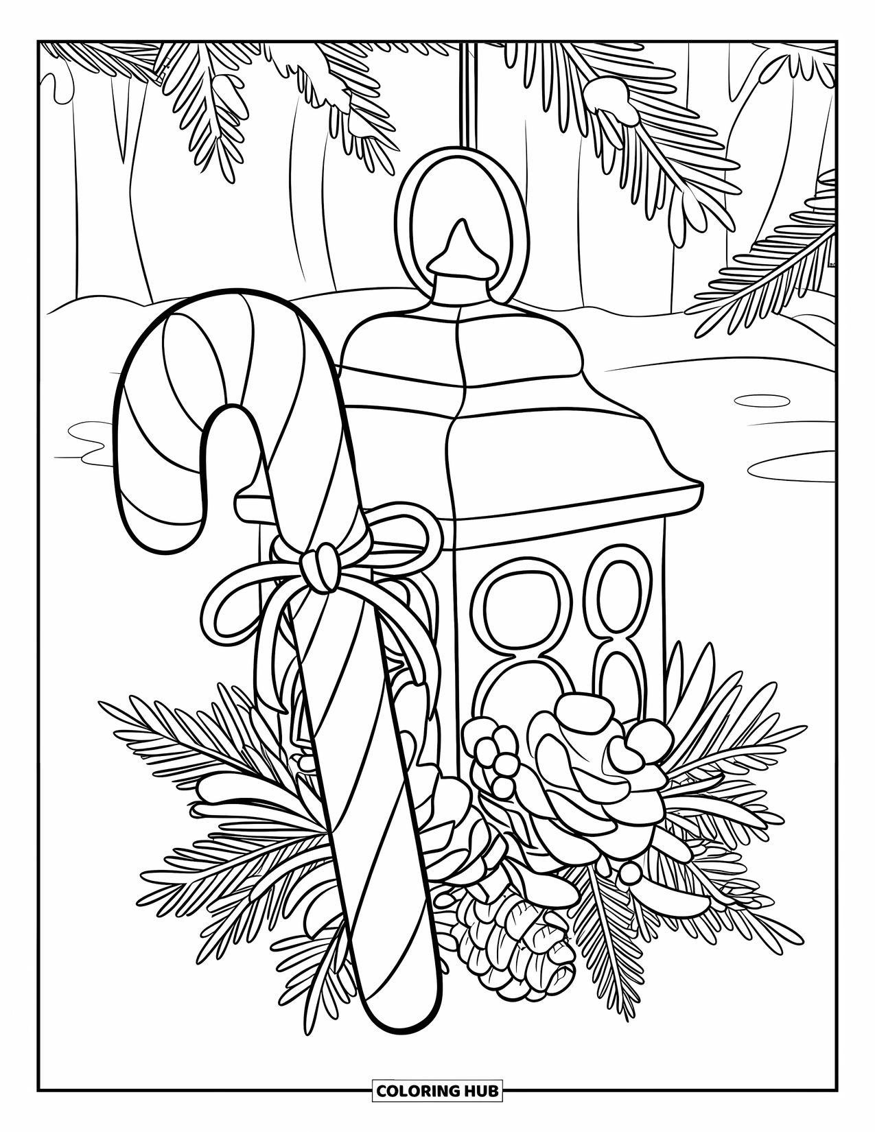 Candy Cane Coloring Page for Kids: A candy cane hangs from a lantern in a snow-covered forest
