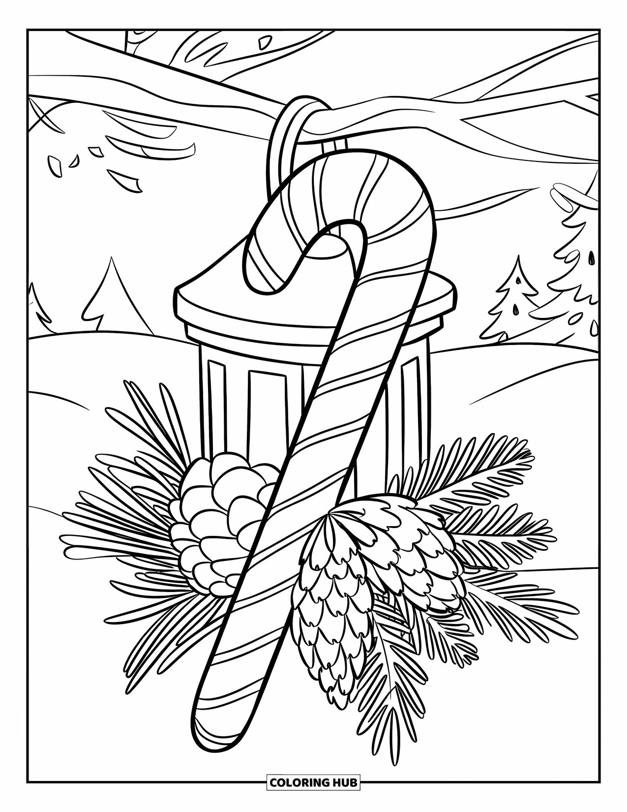 Candy Cane Coloring Page for Kids: A candy cane is tied to a lantern with pinecones and winter greenery