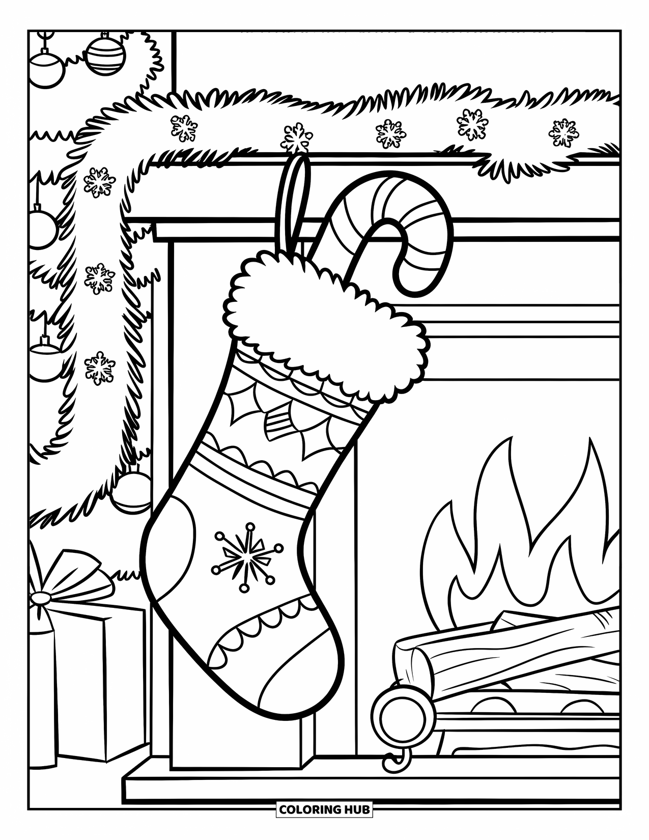 Candy Cane Coloring Page for Kids: A candy cane peeks out of a stocking by the fireplace with a lit tree nearby