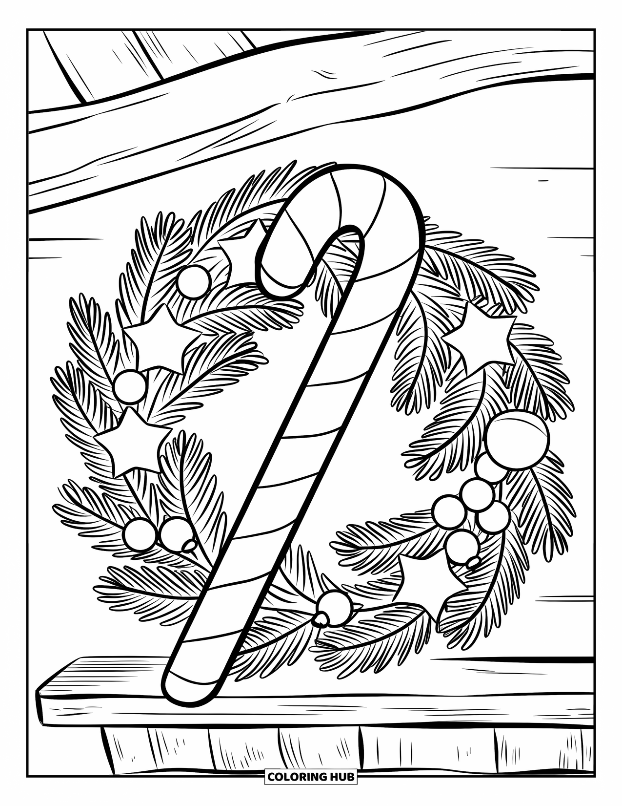 Candy Cane Coloring Page for Kids: A candy cane rests in a wreath placed on a mantle under a rustic beam