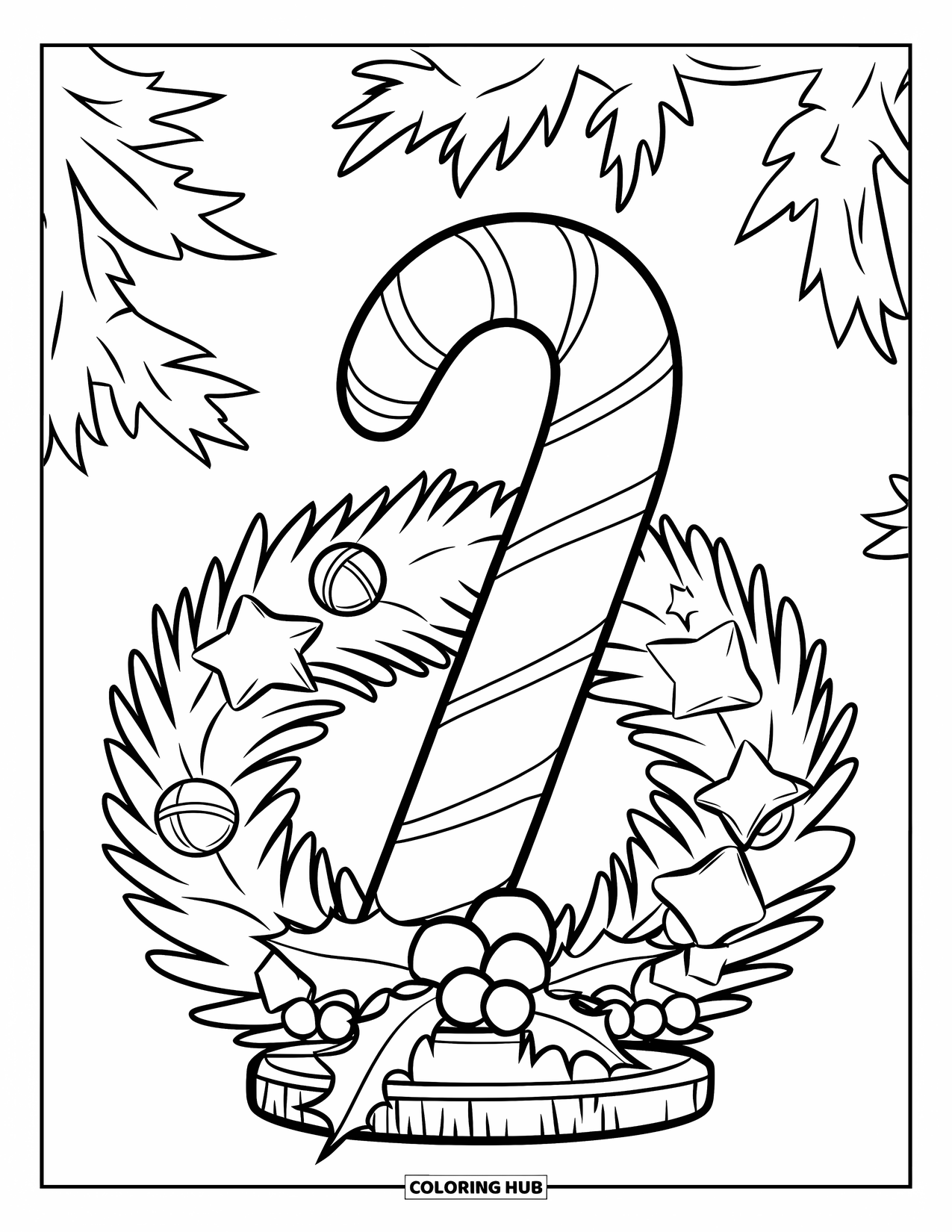 Candy Cane Coloring Page for Kids: A candy cane sits in a wreath above holly, set against a tree with pointy leaves